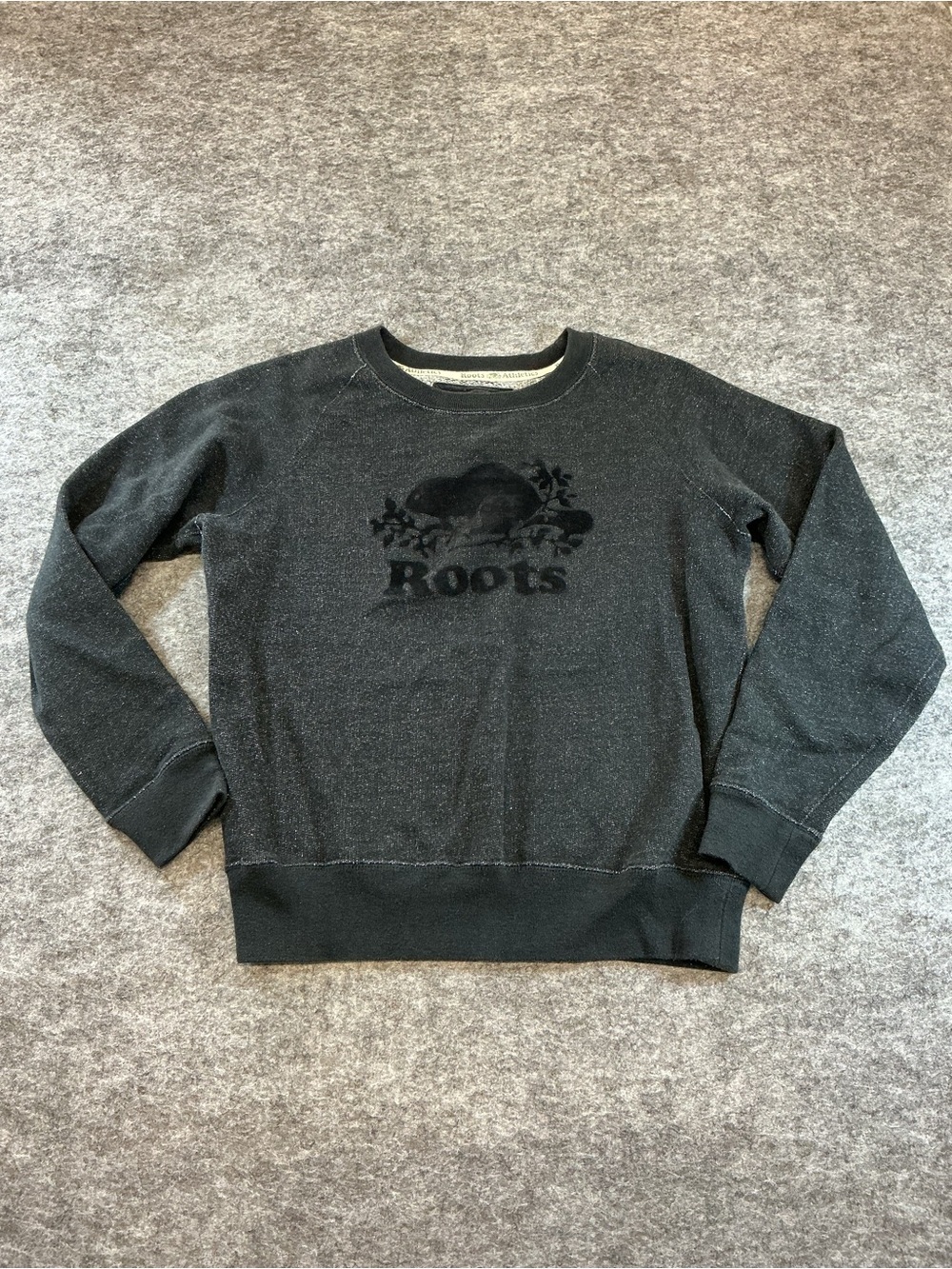 Roots Athletics Black Heathered Cotton Sweatshirt W/ Velvet Beaver Logo A28